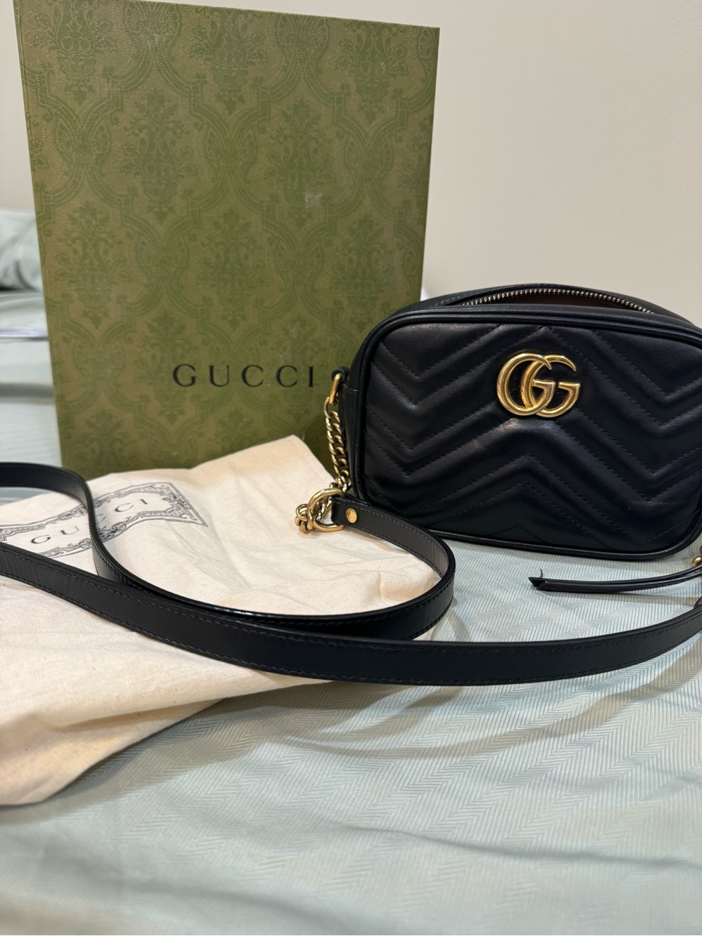 Gucci Black GG Marmont Chevron Leather Crossbody with Gold Hardware